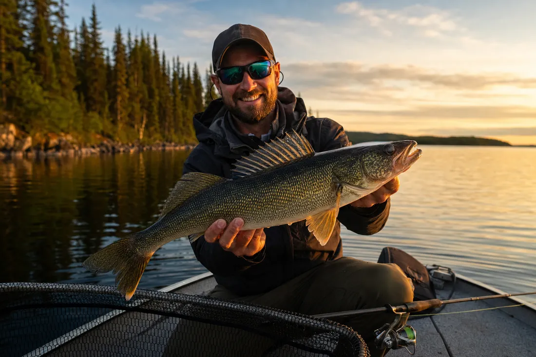 Smiling angler holding a large walleye at golden hour on a Québec lake